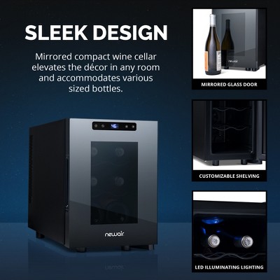 Black Mirrored Glass 6-Bottle Thermoelectric Countertop Wine Cooler