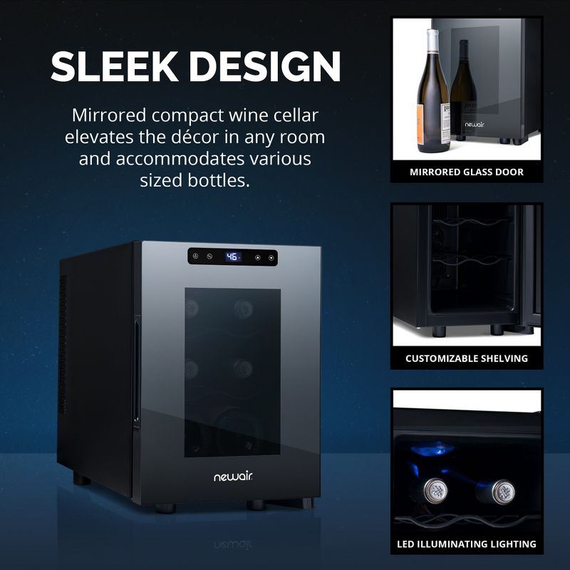 Newair Shadow-T Series Wine Cooler Refrigerator, 6 Bottle Countertop Mirrored Compact Wine Cellar, Small Freestanding Glass Door Wine Fridge, 5 of 17