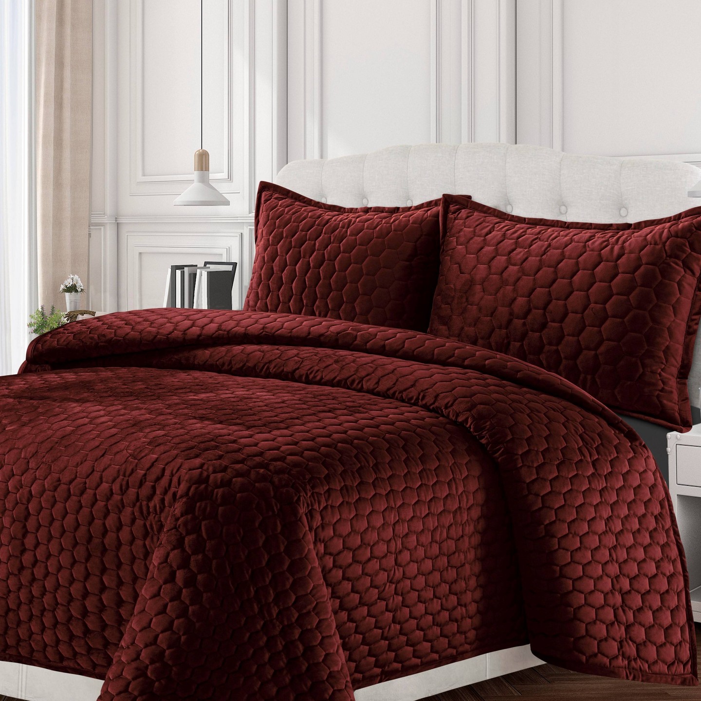 Tribeca Living 3pc Queen Lugano Honeycomb Velvet Oversized Solid Quilt Set Gold, цвет: Бордовый — фото 3