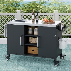 55.5" Outdoor Kitchen Island with Sink, Stainless Steel Prep Table with Spice Rack & Lockable Wheels, BBQ Grill Cart Station, Black - ModernLuxe - 1 of 4