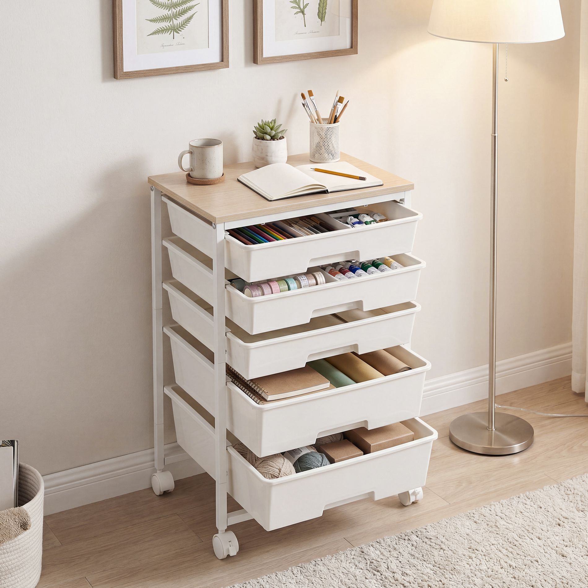 LEDREM 5-Drawer Rolling Storage Cart, Mobile Organizer with Wood Top, 15.6 x 11.2 x 24.8 Inches, White