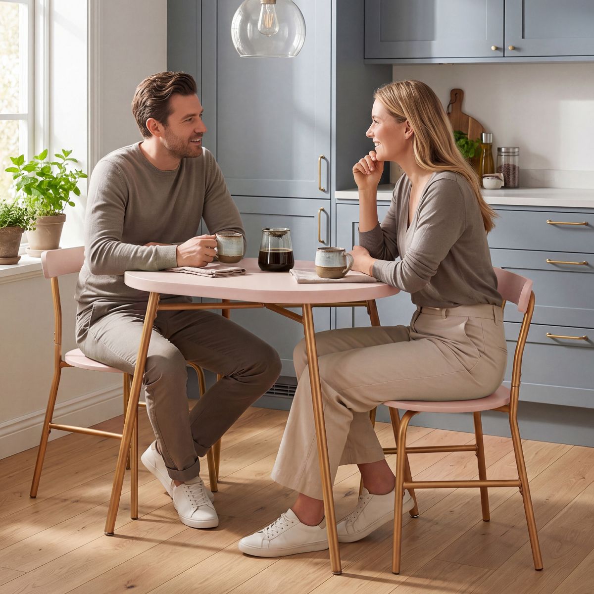 Best Choice Products 3-Piece Oval Dining Table Set, Modern Small Kitchen Dinette w/ 2 Chairs - Pink/Gold - thumbnail 2