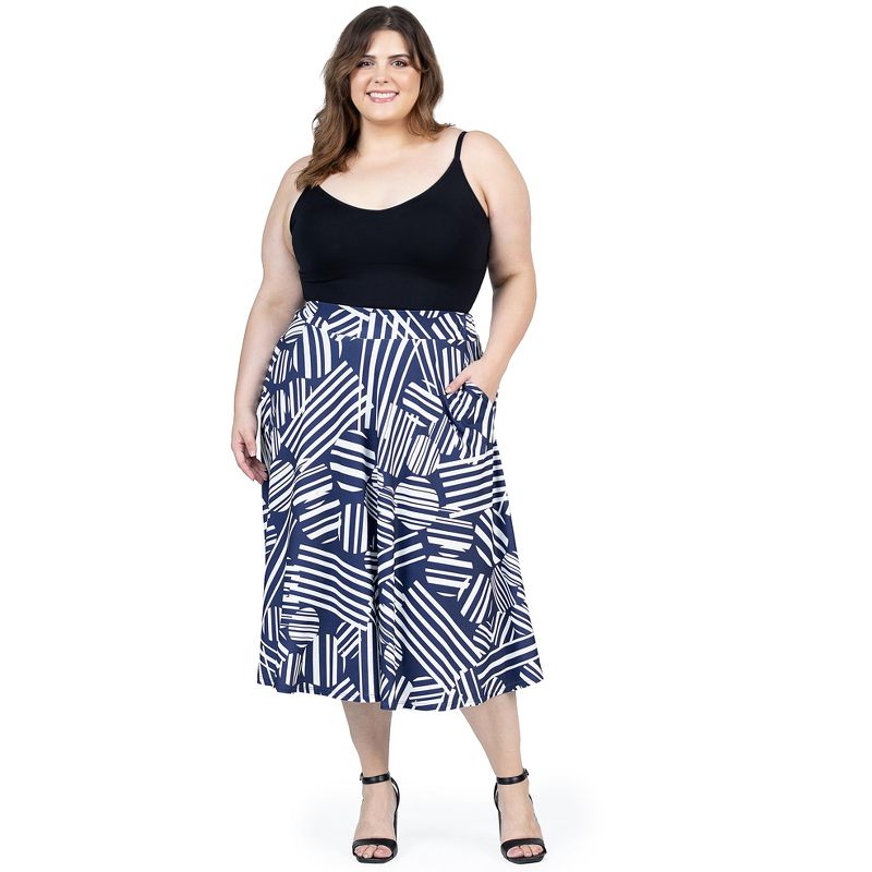 24seven Comfort Apparel Plus Size Navy Geometric Print Pleated Midi Skirt With Pockets, 4 of 7