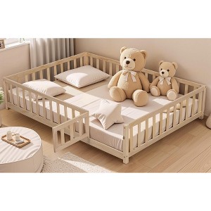 CAVINAS Kids Montessori Bed with Door and Fence,Wooden Floor Bed with Support Slats,Full Size Toddler Bed for Bedroom Playroom,White/Gray/Brown - 1 of 4