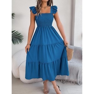 Coolmee Women's Summer Sleeveless Maxi Dress Square Neck Smocked Boho  Casual Ruffle Strap Flowy A Line Long Beach Sundress Blue S : Target