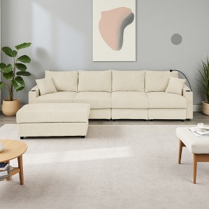132" Corduroy L-Shaped Sectional Sofa with Storage & Cup Holders - 1 of 4