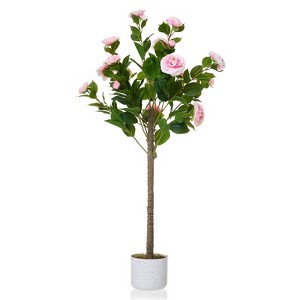 Orieon 3.6FT Artificial Camellia Tree 1-Pack, Faux Pink Flower Plants in White Planters for Home Office Living Room - 1 of 4