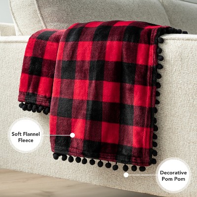 Pom Pom Fringe Twin Fleece Blanket in Plush Red