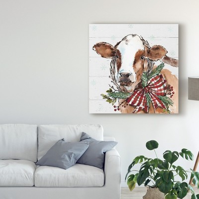 Holiday Cow with Christmas Wreath on Canvas Art, 14'' x 14''