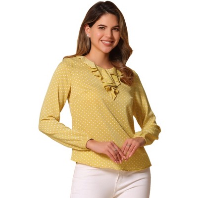 Allegra K Women's 1950s Vintage Ruffle Neck Long Sleeve Dots Chiffon Blouse