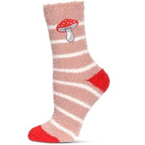 Memoi Women's Striped Mushroom Embroidery Cozy Crew Socks Blush 9-11 - 1 of 3