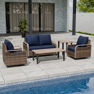 EAGLE PEAK Wicker Outdoor Patio Conversation Set, 2 Swivel Rocking Chairs, 2-Seat Loveseat, Coffee Table and Side Table, 5 Pieces - 1 of 4