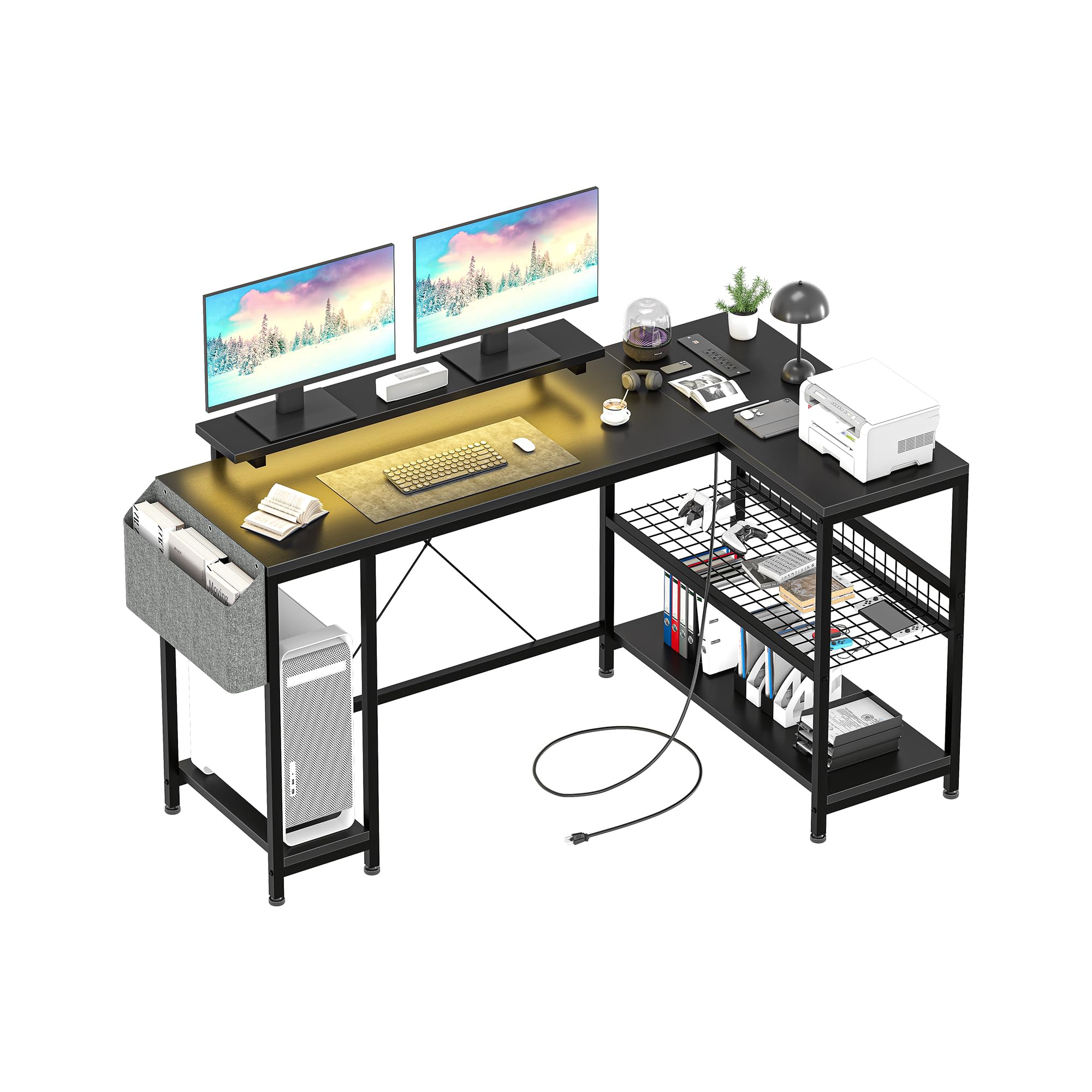 49.6" Reversible L Shaped Computer Desk Black, Gaming Desk with Outlets, Corner Desk with Monitor Stand & Shelves for Home Office