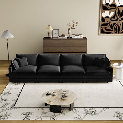 4-Seater Sectional Sofa with Deep Seating 4 Pillows Corduroy Serpentine Springs Solid Wood Frame And Removable Footstool for Living Rooms