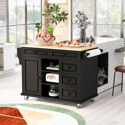 VYNXARIA Kitchen cart with Rubber wood desktop rolling mobile kitchen island with storage and 5 draws 53 Inch length (Black)
