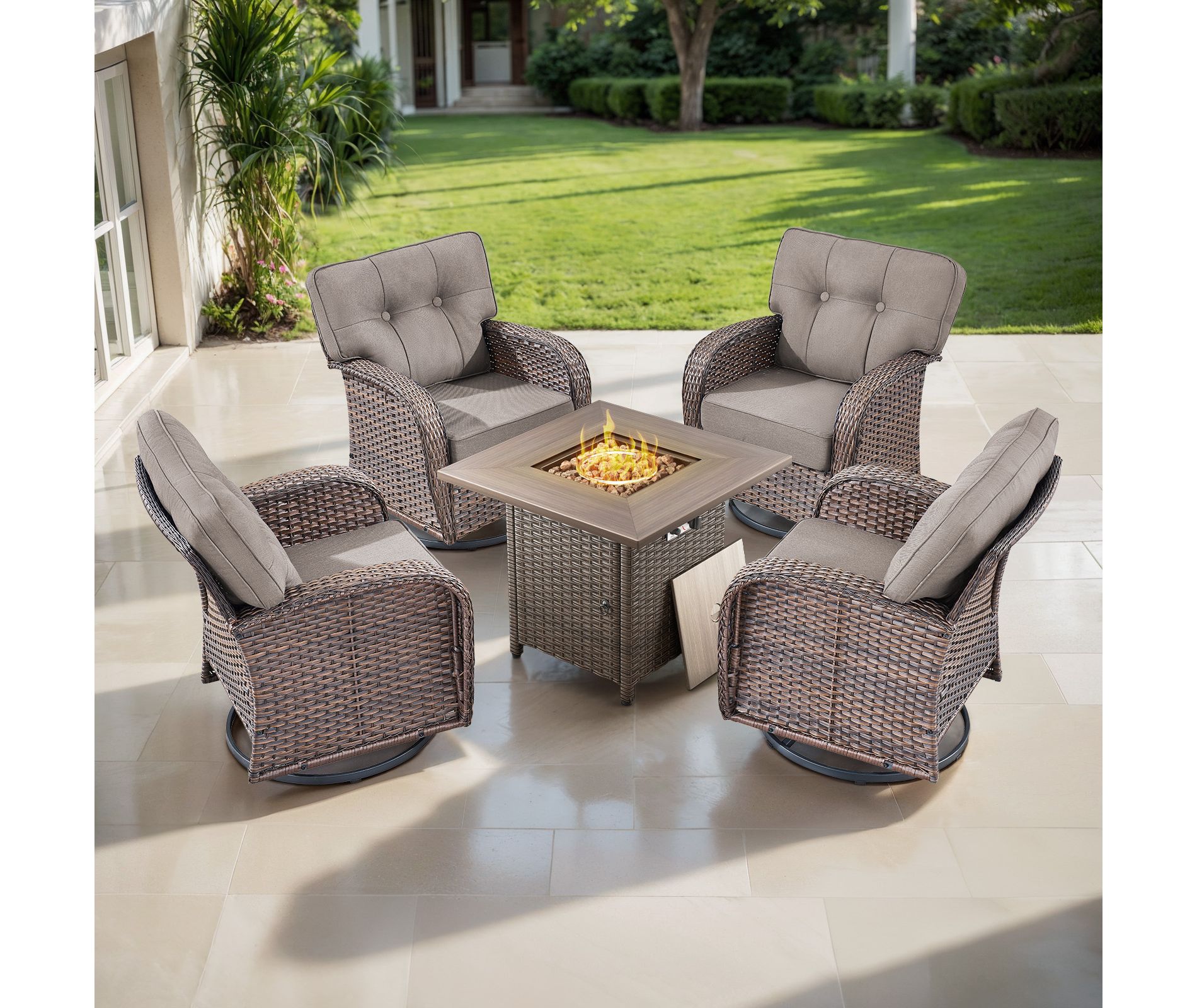 Belord Patio Swivel Gliding Rocker Chairs Set of 4, Wide Backrest Brown Wicker Patio Furniture Set with Firepit Table and Swivel Outdoor Chair