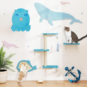 NAYSAYE Set of 5 Wall Mounted Cat Furniture, Wooden Climber Includes House, Bridge, Tree, Steps, and Scratcher for Cat Family, Blue, 14.2"*8.7"*14.2" - 1 of 4