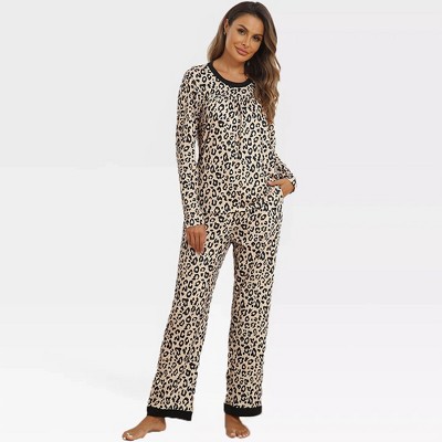 Womens Pajama Sets Round Neck Pajama Tops with Pant Side Pocket Pajama Pants Floral/Leopard Pajamas Long Sleeve Sleepwear