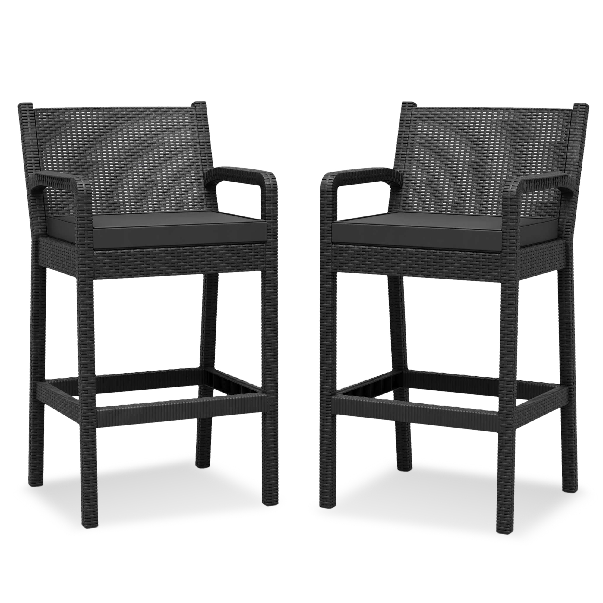 Set of 2 Wicker Bar Stools, Indoor/Outdoor Bar Height Chairs w/ Soft Cushion, Footrests & Armrests, for Backyard/Patio/Pool/Garden/Deck