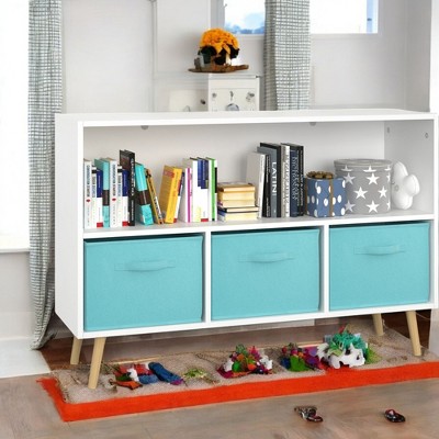 Alilang 35.43 Inch Storage Shelf with Open Compartments and Colorful Fabric Bins - White Blue