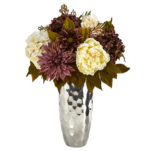 Nearly Natural 22-in Peony, Hydrangea and Dahlia Artificial Arrangement in Silver Vase - 1 of 4