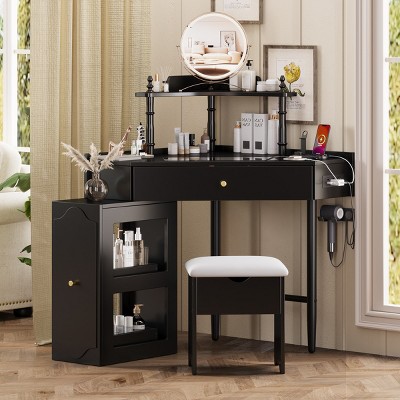 Modern Vanity Table with Storage and Stool, Corner Vanity Makeup Table for Bedroom or Dressing Room – The Pop Home