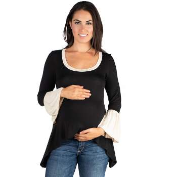 24seven Comfort Apparel Womens Black and Beige Bell Sleeve Hi Low Maternity Tunic Top