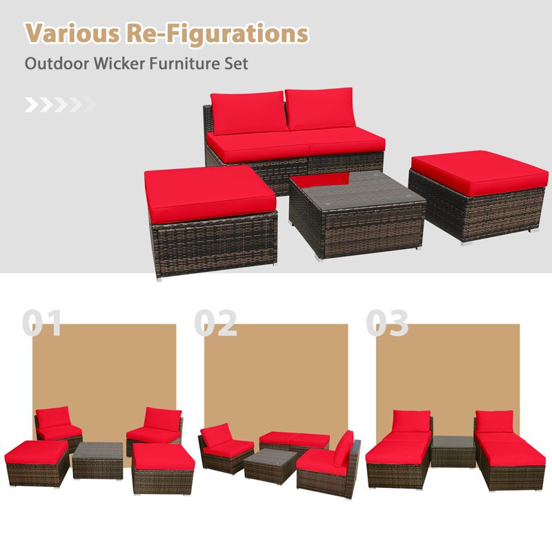 Tangkula 5-Piece Outdoor Rattan Wicker Sofa Set Lounge Chair with Red Cushions, 3 of 10