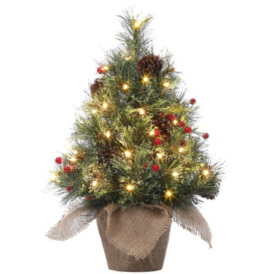 WhizMax 3ft Prelit Mini Christmas Tree with 78 Warm White LED Lights, Small Holiday Xmas Tree with Pine Cones, Red Berry Clusters and Cloth Bag Base