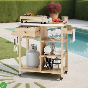 Solid Wood Outdoor Grill Cart Storage Cabinet Outdoor Grill Cart BBQ Cart Prep Table w/Stainless Steel Top Drawer & Open Shelves - 1 of 4
