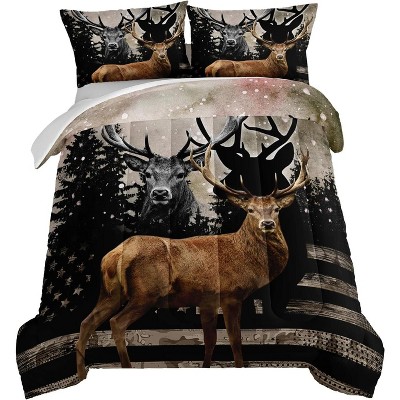 Boersma Snowy Forest Deer Comforter Set with 2 Pillowcases,Camo American Flag Twin Bed in a Bag Hunting Bedding Set for Teen Mens Bedroom Essentials