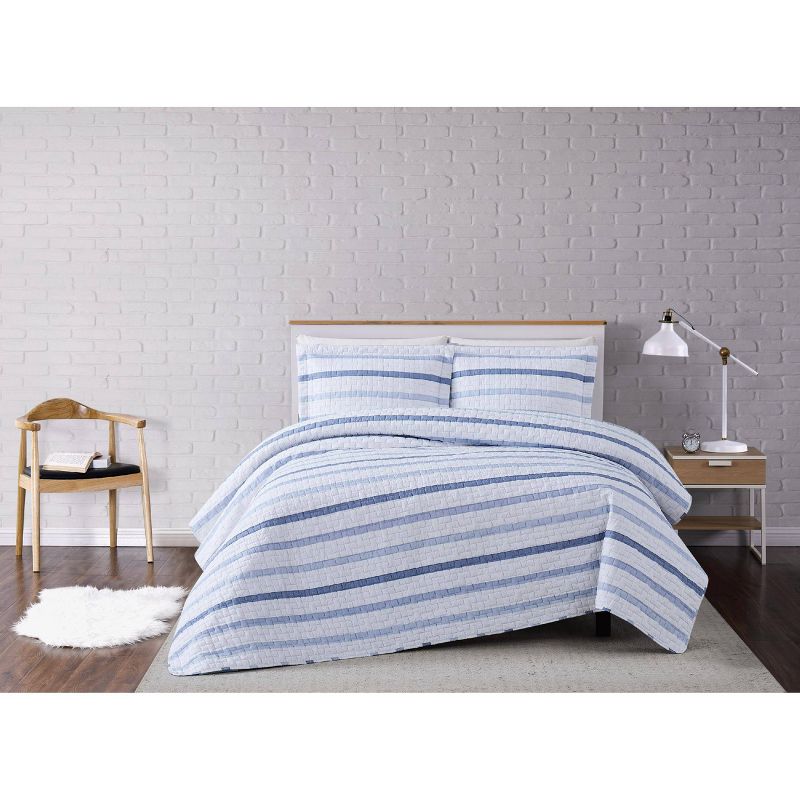 Waffle Stripe Quilt Set Blue/White - Truly Soft, 1 of 5