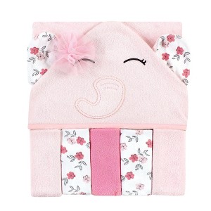 Hudson Baby Infant Girl Hooded Towel and Five Washcloths, Floral Pretty Elephant, One Size - 1 of 2