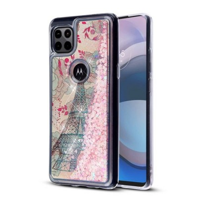 MyBat Quicksand Glitter Hybrid Protector Cover Case Compatible With Motorola one 5G ace - Eiffel Tower Pink Hearts