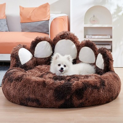 Munora Bear Paw Shape Pet Bed - Plush Long Fur, Tie-Dye Colors - Resilient Padding for Small/Medium Dogs & Indoor Cats (XS/S/M/L)
