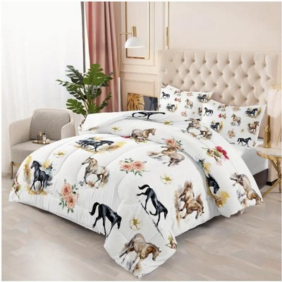Boersma Horse Comforter Bedding Set - Watercolor Painting Horse and Flowers Print, Soft Breathable Fabric for All-Season Comfort