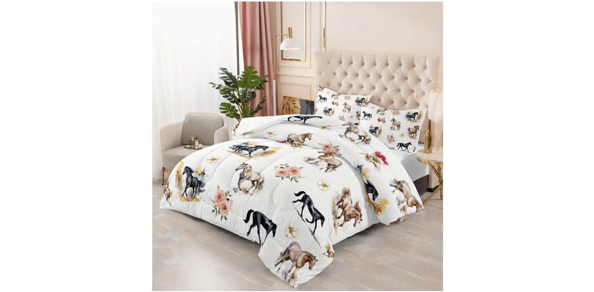 Boersma Horse Comforter Bedding Set - Watercolor Painting Horse and Flowers Print, Soft Breathable Fabric for All-Season Comfort