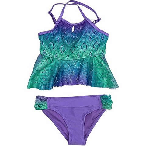 GO COCO Little Girls’ 2-Piece Lace Design Tankini Swimsuit Set, Violet Lace, 5/6