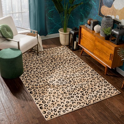 Leopard Print Black and Beige Synthetic Rectangular Area Rug 6'7" x 9'6"