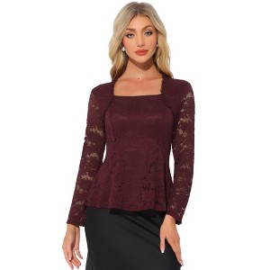 Allegra K Women's Lace Square Neck Long Sleeve Stertch Elegant Casual Peplum Blouse - 1 of 4