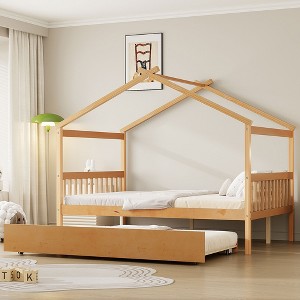 Whisen Twin Size Wooden House Bed with Twin Size Trundle - 1 of 4