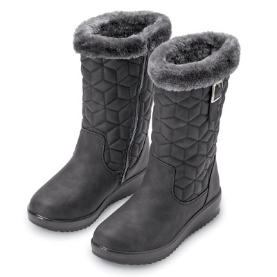 Collections Etc Stylish Faux Fur Trimmed Decorative Buckle Quilted Zippered Boots