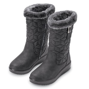 Collections Etc Stylish Faux Fur Trimmed Decorative Buckle Quilted Zippered Boots - 1 of 4