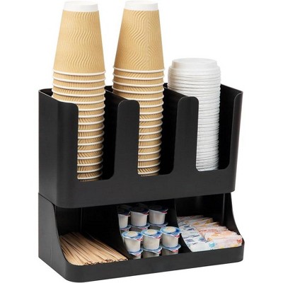 Attop 6 Compartment Upright Breakroom Coffee Condiment and Cup Storage Organizer, Black
