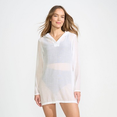 Lands' End Women's Cotton Jersey Long Sleeve Hooded Swim Cover-up Dress