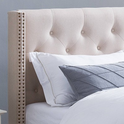 Elegant Beige Queen Bed with Tufted Upholstery and Nailhead Trim