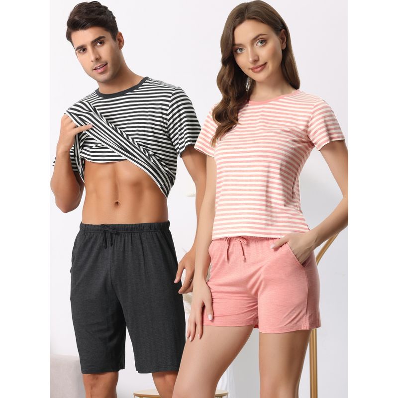cheibear Men's Sleepwear Short Sleeve T-Shirt with Shorts Stripe Couple Pajama Sets, 3 of 7