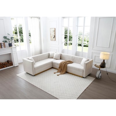 Luxurious 100.8 Velvet Upholstered L-Shaped Corner Sectional Sofa with Vertical Channel Tufting, Gold Base, and 4 Pillows
