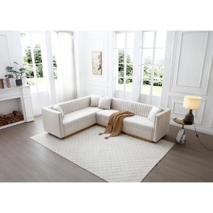 Luxurious 100.8 Velvet Upholstered L-Shaped Corner Sectional Sofa with Vertical Channel Tufting, Gold Base, and 4 Pillows - 1 of 4