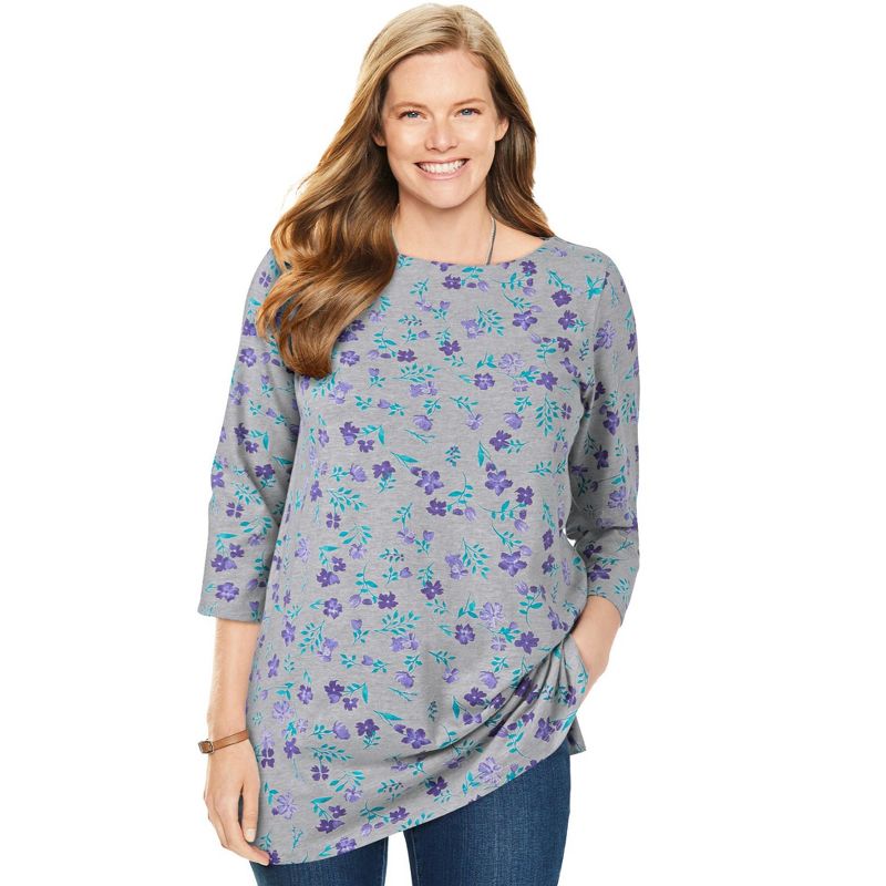 Woman Within Women's Plus Size Perfect Printed Elbow-Sleeve Boatneck Tee, 1 of 3